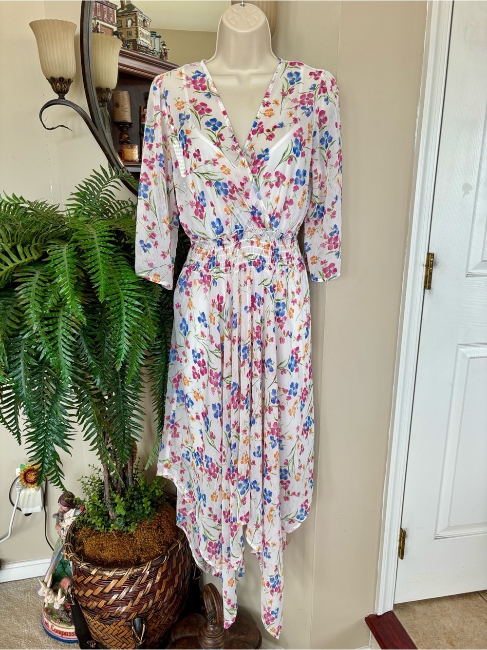 Cato Floral Handkerchief Hem Faux Wrap V-Neck Lined Maxi Dress Sheer Smock Waist